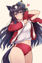 ! !! 1girl animal_ears black_hair blush breasts buruma collarbone commentary_request hair_between_eyes hair_ornament highres horse_ears horse_girl horse_tail jacket looking_at_viewer medium_breasts mole mole_under_eye purple_eyes simple_background tail teaclaw thighs track_jacket umamusume verxina_(umamusume)