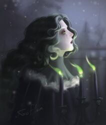 1girl afk_(series) afk_journey artist_name black_capelet black_robe blurry blurry_background candelabra candlestand capelet carolina_(afk) crying crying_with_eyes_open facing_ahead fire frilled_robe from_side green_fire grey_eyes grey_hair highres long_hair night open_mouth outdoors parted_bangs portrait robe snowing solo taroelein tears