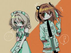 Rule 34 | 2girls, adachi rei, bare shoulders, black shirt, blonde hair, braid, closed mouth, dress, hand in pocket, hand up, hat, highres, jacket, long sleeves, looking at viewer, multiple girls, nurse cap, nurse robot type t, open clothes, open jacket, orange eyes, orange hair, redrawn, shirt, side braid, sleeveless, sleeveless dress, smile, sn (sn utu00), standing, upper body, utau, v, white dress, white jacket