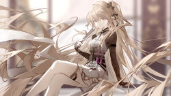 1girl absurdres arknights arm_support blonde_hair bodystocking breasts chinese_clothes commentary crossed_legs dress english_commentary floating_hair folded_fan folding_fan hair_between_eyes hair_ornament hand_fan highres indigo_(arknights) indigo_(serene_day)_(arknights) long_hair looking_at_viewer luozhou_pile medium_breasts official_alternate_costume pointy_ears purple_eyes side_ponytail sitting sleeveless sleeveless_dress solo very_long_hair white_dress