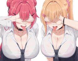 Rule 34 | 2girls, belt, black belt, black bra, black choker, black collar, black necktie, black skirt, blonde hair, blush, bra, bra visible through clothes, breasts, choker, cleavage, collar, collarbone, collared shirt, covering own eyes, double bun, fang, hair bun, hair ornament, hair scrunchie, hairclip, heart, heart necklace, heartsix, high ponytail, highres, huge breasts, jewelry, leaning forward, long hair, long sleeves, mao (heartsix), multicolored hair, multiple girls, necklace, necktie, o-ring, o-ring choker, open mouth, original, parallel hairclips, pink bra, pink hair, pink scrunchie, pleated skirt, ponytail, school uniform, scrunchie, shirt, simple background, skirt, smile, streaked hair, sweat, teeth, tobako (heartsix), tongue, two-tone hair, underwear, white background, white shirt, wristband