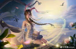 1girl absurdres animal_ears artist_request bare_shoulders bird braid braided_ponytail brown_hair bug cat cloud detached_sleeves douluo_dalu dress earrings firefly highres horizon insect jewelry looking_at_viewer moon necklace night rabbit_ears second-party_source sitting white_dress wind xiao_wu_(douluo_dalu)
