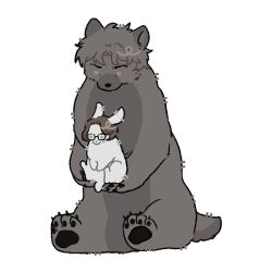 1boy 1girl animal animal_ears animalization bear_boy bear_ears bear_paws black-framed_eyewear brown_fur brown_hair commentary_request fear_&amp;_hunger_(series) fear_&amp;_hunger_2:_termina full_body glasses holding holding_animal holding_rabbit korean_commentary marcoh_(fear_&amp;_hunger) olivia_(fear_&amp;_hunger) rabbit rabbit_ears rabbit_girl short_hair simple_background sitting white_background white_fur yell_strong