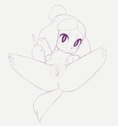 1girl animal_crossing animal_ears animal_feet anus anus_peek barefoot blush_stickers cellphone clitoris closed_mouth completely_nude dog_ears dog_girl dog_tail female_focus flat_chest full_body furry furry_female gaping grey_background greyscale hand_up happy holding holding_phone isabelle_(animal_crossing) kekitopu legs_up looking_at_viewer lying monochrome navel nintendo nipples nude on_back parted_bangs pawpads phone presenting short_hair shortstack simple_background sketch smartphone smile solo spread_legs spread_pussy tail thick_eyebrows thick_thighs thighs topknot uncensored urethra v-shaped_eyebrows