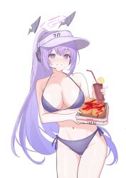 1girl alternate_costume artist_name bikini blue_archive blush breasts chicken_(food) cocktail commentary cowboy_shot floating_headgear food halo headgear headphones highres large_breasts long_hair looking_at_viewer navel ponytail purple_bikini purple_eyes purple_hair purple_halo simple_background smile stomach string_bikini swimsuit utaha_(blue_archive) visor_cap white_background yukki83130530