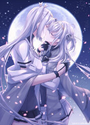 2girls anchor_symbol black_gloves black_sailor_collar black_skirt blush bodysuit breasts closed_eyes dated from_side full_moon fuyutsuki_(kancolle) gloves grey_hair hachimaki hair_between_eyes headband highres kabocha_torute kantai_collection kiss large_breasts long_hair medium_breasts miniskirt moon multiple_girls night night_sky one_side_up partially_fingerless_gloves petals pleated_skirt profile sailor_collar skirt sky suzutsuki_(kancolle) twitter_username very_long_hair white_headband white_sailor_collar white_skirt yuri