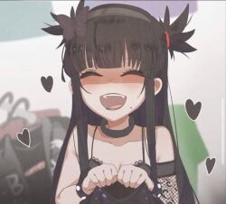 Rule 34 | 1girl, black hair, black lips, goth the girl and the jock, gothic lolita, happy, lolita fashion, long hair, ophelia (goth the girl and the jock), smile