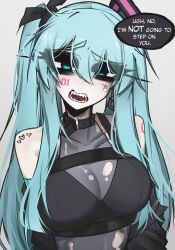 1girl ace_glitch aqua_eyes aqua_hair belt black_sleeves breasts chest_belt collar collarbone detached_sleeves earrings facial_tattoo grey_background hatsune_miku highres jewelry long_hair looking_at_viewer makeup mascara medium_breasts number_tattoo see-through_clothes sharp_teeth shoulder_tattoo simple_background solo tattoo teeth torn_clothes twintails upper_body very_long_hair vocaloid