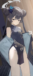 1girl absurdres black_dress black_hair blue_archive butterfly_hair_ornament china_dress chinese_clothes double_bun dragon_print dress grey_eyes grey_jacket haimaotuanzi hair_between_eyes hair_bun hair_ornament highres jacket kisaki_(blue_archive) long_hair looking_at_viewer sidelocks sleeveless sleeveless_dress solo striped_clothes striped_jacket twintails vertical-striped_clothes vertical-striped_jacket
