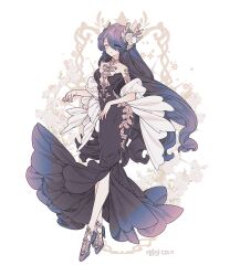 Rule 34 | 1girl, bare shoulders, black hair, black shoes, commentary, commission, dress, elf, eyeliner, fashion, floral background, flower, frilled dress, frilled shawl, frills, full body, gold embroidery, gradient clothes, gradient dress, hair ornament, hair over one eye, high heels, lemon89h, long hair, looking at viewer, makeup, off-shoulder dress, off shoulder, original, pointy ears, rose, shawl, shoes, sidelocks, solo, standing, very long hair, wavy hair, white flower, white rose