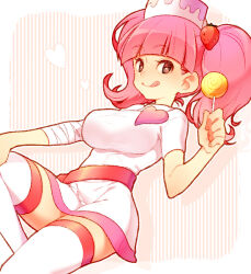 Rule 34 | 1girl, bemani, blunt bangs, border, breasts, brown eyes, candy, dress, food, food-themed hair ornament, hair ornament, hat, holding, holding candy, holding food, holding lollipop, kiri futoshi, large breasts, licking lips, lollipop, looking at viewer, milk (pop&#039;n music), nurse, nurse cap, pink hair, pop&#039;n music, solo, strawberry hair ornament, striped background, thighhighs, tongue, tongue out, twintails, white border, white dress, white thighhighs