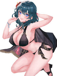 1girl adversarial_noise arm_behind_head armpits beach bikini black_bikini black_cape blue_eyes blue_hair blue_sky breasts cape cleavage commentary_request covered_erect_nipples female_byleth_(fire_emblem) female_byleth_(summer)_(fire_emblem) fire_emblem fire_emblem:_three_houses fire_emblem_heroes flower grin hair_flower hair_ornament hand_up hibiscus highres large_breasts long_hair looking_at_viewer navel nintendo official_alternate_costume red_flower sideboob sky smile solo swimsuit thighs water watermark watermark_grid wet zqzbq