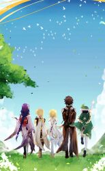 Rule 34 | 2girls, 3boys, absurdres, aether (genshin impact), antenna hair, arm up, arms behind back, back, back bow, black gloves, black panties, black thighhighs, blonde hair, blue sky, blurry, boots, bow, braid, brown hair, brown suit, capelet, chinese clothes, chinese commentary, crop top, depth of field, dl mask, dress, flower, formal clothes, friends, from behind, full body, genshin impact, gloves, gradient hair, grass, green capelet, green hair, green hat, hair ornament, hair ribbon, hat, highres, japanese clothes, kimono, knee boots, knee up, leaf, long hair, long sleeves, low ponytail, lumine (genshin impact), mitsudomoe (shape), multicolored hair, multiple boys, multiple girls, off shoulder, outdoors, panties, pants, ponytail, purple hair, purple kimono, purple ribbon, raiden shogun, red sash, ribbon, sash, scarf, short hair, short sleeves, shorts, single braid, sky, standing, suit, thigh boots, thighhighs, tomoe (symbol), tree, underwear, venti (genshin impact), walking, white dress, white scarf, wide sleeves, wind, zhongli (genshin impact)