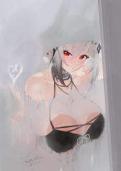 1girl absurdres against_glass arknights black_camisole black_hair breast_press breasts breasts_on_glass camisole commentary_request demon_horns gradient_hair grey_hair hair_between_eyes hand_on_glass highres horns infection_monitor_(arknights) jewelry large_breasts looking_at_viewer material_growth mudrock_(arknights) multicolored_hair necklace oripathy_lesion_(arknights) pointy_ears red_eyes signature solo steam tcm_bot wet