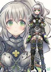 1girl armor boots green_eyes looking_at_viewer mabinogi pelvic_curtain pihne ponytail simple_background smile tepaoh888 white_hair