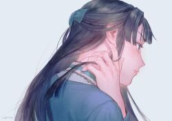 1girl aqua_bow artist_name black_hair bow commentary_request copyright_request expressionless hair_bow hair_pulled_back half_updo hand_up highres long_hair portrait profile simple_background solo ueno_zousui white_background