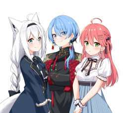 3girls ahoge animal_ear_fluff animal_ears aqua_eyes ascot black_bow black_hairband black_ribbon black_shirt blue_bow blue_bowtie blue_eyes blue_hair blue_jacket blue_skirt blush bow bowtie braid braided_ponytail breasts buttons closed_mouth commentary_request cowboy_shot detached_collar double-breasted double-parted_bangs dress earrings felutiahime fox_ears fox_girl fox_tail french_braid gold_trim green_eyes hair_between_eyes hair_bow hair_ornament hair_ribbon hairband hairclip high-waist_skirt highres hololive hoshimachi_suisei hoshimachi_suisei_(oriental_suit) jacket jewelry long_hair long_sleeves looking_at_viewer mandarin_collar multiple_girls neck_ribbon official_alternate_costume official_alternate_hairstyle one_side_up own_hands_together parted_lips pink_hair pleated_dress puffy_short_sleeves puffy_sleeves ribbon sakura_miko sakura_miko_(street) shirakami_fubuki shirakami_fubuki_(aristocrat_kei) shirt short_sleeves simple_background skirt sleeve_cuffs small_breasts smile split_mouth standing star_(symbol) star_in_eye striped_clothes striped_skirt swept_bangs symbol_in_eye tail v_arms vertical-striped_clothes vertical-striped_skirt very_long_hair virtual_youtuber white_background white_dress white_hair