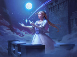 1girl balcony black_bow blonde_hair bow celes_chere closed_eyes commentary dress english_commentary final_fantasy final_fantasy_vi grace_zhu hair_bow magic:_the_gathering moon music official_alternate_costume official_alternate_hairstyle official_art open_mouth ponytail shooting_star singing solo white_dress