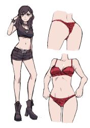 1girl absurdres ass beth_(biku) biku black_hair black_shirt black_shorts bow bow_bra bra bracelet breasts choker cleavage collar highres jewelry long_hair looking_at_viewer navel original panties red_bra red_panties reference_sheet shirt shorts simple_background solo solo_focus spiked_bracelet spiked_collar spikes tied_shirt underwear white_background yellow_eyes