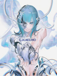 1girl absurdres blue_eyes blue_hair blue_nails blue_pupils cable chinese_commentary collarbone commentary_request completely_nude cowboy_shot cyborg cyyyyy eyelashes flat_chest giving grey_background heart_(organ) highres holding_heart_(organ) long_hair nail_polish nude one-eyed original outstretched_arm parted_lips smile smoke solo straight-on teeth tsurime veins watermark weibo_watermark
