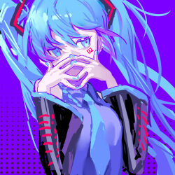 1girl aqua_eyes aqua_hair aqua_nails aqua_necktie black_sleeves chinese_commentary collared_shirt commentary_request detached_sleeves face_in_hands grey_shirt hair_ornament halftone hands_up hatsune_miku highres kako_(pixiv77158173) long_hair messy necktie number_tattoo purple_background shirt solo_focus tattoo twintails very_long_hair vocaloid