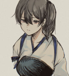 1girl black_eyes black_hair breasts closed_mouth cropped_torso eyelashes grey_background hair_between_eyes japanese_clothes kaga_(kancolle) kantai_collection kimono kouga_(mutsumi) looking_at_viewer muneate side_ponytail simple_background sketch solo tasuki upper_body white_kimono