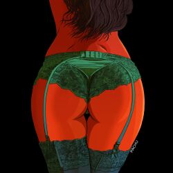 Rule 34 | 1girl, artist name, ass, ass focus, black background, brown hair, colored skin, commentary, dimples of venus, from behind, garter belt, garter straps, green panties, green thighhighs, highres, lace, lace-trimmed panties, lace-trimmed thighhighs, lace trim, long hair, lower body, orange skin, original, pachu m. torres, panties, solo, thigh gap, thighhighs, underwear, variant set
