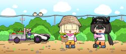 Rule 34 | 2girls, absurdres, alternate costume, basket, bird, black boots, black hair, blonde hair, blue shirt, blue sky, blush, boots, breasts, chibi, chibi only, cloud, commentary request, creature, day, doro (nikke), drooling, elbow gloves, electric shock (nikke), elegg (nikke), fang, farmer, farming, food, full body, gloves, goddess of victory: nikke, green eyes, hair between eyes, hair horns, hair intakes, hair over eyes, hat, highres, holding, holding basket, holding rake, korean commentary, large breasts, long bangs, long hair, low twintails, mouth drool, multiple girls, open mouth, orange pants, outdoors, pants, power lines, purple gloves, rad rat030, rake, rural, shaded face, shadow, shirt, short hair, sidelocks, sky, standing, straw hat, sun hat, sweat, towel, towel around neck, tractor, trony (nikke), twintails, utility pole, vegetable, visor cap, white shirt