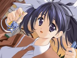 1girl black_eyes black_hair blush brown_jacket brown_necktie building cat cellphone cellphone_charm cellphone_strap charm_(object) cloud dutch_angle foster game_cg hair_ribbon holding holding_charm jacket kasuga_yuuko long_hair long_sleeves necktie non-web_source open_clothes open_jacket open_mouth orange_sky phone ribbon school_uniform shi-ka-e-shi sky skyhouse smile solo_focus tree twintails upper_body white_background white_ribbon