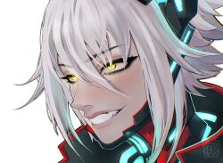 Rule 34 | 1girl, chin guard, close-up, commentary, elidyah, english commentary, fangs, grin, highres, horns, mechanical horns, short hair, smile, solo, teeth, virtual youtuber, vshojo, white background, white hair, yellow eyes, zentreya, zentreya (cyborg), zentreya (cyborg) (1st costume)