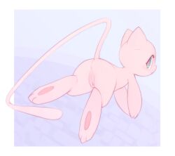 1girl animal_focus animal_sexualization ass blue_background blue_eyes blush border cleft_of_venus closed_mouth female_focus floating from_behind full_body gen_1_pokemon gradient_background heart heart-shaped_pupils kekitopu legendary_pokemon looking_at_viewer looking_back mew_(pokemon) mythical_pokemon nintendo no_humans outside_border pawpads pokemon pokemon_(creature) profile pussy solo symbol-shaped_pupils uncensored white_border