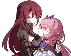 Rule 34 | 2girls, black dress, blue eyes, breasts, brown hair, commentary request, corset, dduehddueh, dress, eden (honkai impact), elf, elysia (honkai impact), elysia (miss pink elf) (honkai impact), hair ornament, hand on another&#039;s shoulder, highres, honkai (series), honkai impact 3rd, korean commentary, large breasts, long hair, looking at another, multiple girls, pink hair, pointy ears, simple background, very long hair, white background, white corset, yellow eyes, yuri