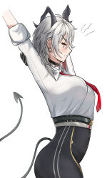 1girl absurdres alolekbone arms_up belt black_horns breasts closed_eyes closed_mouth collared_shirt cowboy_shot demon_girl demon_horns demon_tail ear_piercing earrings eyebrows_hidden_by_hair eyes_visible_through_hair grey_belt high-waist_pants highres horns jewelry large_breasts long_hair looking_to_the_side mole mole_under_eye necktie pants piercing red_necktie shirt sleeves_rolled_up solo standing stretching tail white_background white_hair white_shirt wuthering_waves zani_(wuthering_waves)
