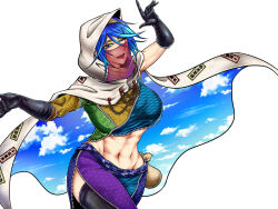 1girl abs adapted_costume bag black_gloves black_thighhighs blue_eyes blue_hair breasts chain cloak commentary_request crop_top dancer debt elbow_gloves eyeshadow gloves grey_cloak hairband highres hood hooded_cloak large_breasts lips lipstick looking_at_viewer makeup midriff multicolored_hairband multicolored_shirt multicolored_skirt navel ofuda ofuda_on_clothes one_eye_closed open_mouth ryuuichi_(f_dragon) sack short_hair side_slit simple_background single_sleeve skirt sky_print smile solo tenkyuu_chimata thighhighs toned touhou veil white_background zipper