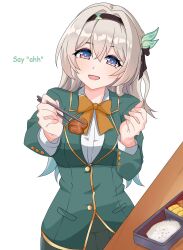 1girl alternate_costume bento black_hairband bow breasts chopsticks firefly_(honkai:_star_rail) food green_jacket grey_hair hair_between_eyes hair_ornament hairband highres holding holding_chopsticks honkai:_star_rail honkai_(series) incoming_food jacket long_sleeves maxwelzy meat medium_breasts open_mouth orange_bow pink_eyes school_uniform simple_background smile solo white_background