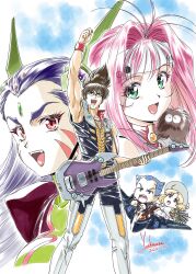 2boys 3girls ^_^ absurdres aircraft alien arm_up artist_name black_jacket black_pants blonde_hair blue_eyes blue_hair boots bouquet brown_hair chibi closed_eyes collared_jacket commentary dated dress electric_guitar facial_mark fangs fishnets flower flower_girl_(macross_7) forehead_jewel gamlin_kizaki glasses green_eyes guitar guvava hair_intakes hat headband high_collar highres holding holding_bouquet holding_guitar holding_instrument instrument jacket jewelry long_hair looking_at_viewer macross macross_7 multiple_boys multiple_girls mylene_jenius nekki_basara open_mouth pants pink_hair purple_hair red_eyes short_hair signature sivil sleeveless sleeveless_jacket smile sun_hat teeth thigh_boots upper_teeth_only vf-22 white_dress white_headband wristband yoshinaga_masahiro