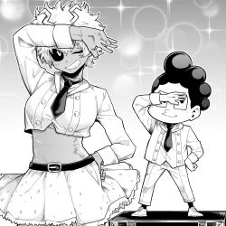 1boy 1girl absurdres ashido_mina black_sclera boku_no_hero_academia colored_sclera commentary_request cropped_shirt height_difference highres horns looking_at_viewer mangakashibou mineta_minoru miniskirt monochrome necktie netorare one_eye_closed pants shirt short_hair short_necktie skirt standing
