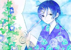1girl blue_kimono blue_theme commentary floral_print floral_print_kimono futsuu_no_keion-bu hair_ornament hairpin holding holding_umbrella japanese_clothes kimono kouyama_rin light_smile looking_to_the_side nogi_yuni parted_bangs pixie_cut plant plant_request print_kimono short_hair solo umbrella upper_body