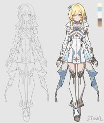 1girl adapted_costume arms_at_sides black_gloves blonde_hair boots cape color_guide commentary dated english_commentary feather_hair_ornament feathers genshin_impact gloves hair_ornament haun lumine_(genshin_impact) partially_fingerless_gloves pleated_skirt shirt short_hair_with_long_locks sketch skirt solo thigh_boots white_boots white_cape white_shirt white_skirt yellow_eyes