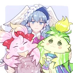 1girl :d ^_^ blue_hairband border closed_eyes closed_mouth commentary_request green_fur grey_eyes grey_hair hairband head_wings head_wreath kino_(xenoblade) looking_at_viewer melia_antiqua nene_(xenoblade) nopon open_mouth outside_border pink_fur smile sudachips white_border wings xenoblade_chronicles:_future_connected xenoblade_chronicles_(series) xenoblade_chronicles_1