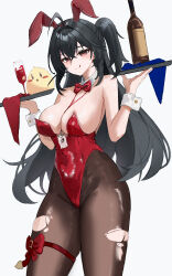 1girl absurdres ahoge alcohol animal_ears armpits azur_lane black_hair blush blush_stickers bottle bow bowtie breasts brown_pantyhose cleavage collar cup drinking_glass fake_animal_ears hais highres holding holding_tray id_card lanyard large_breasts leotard licking_lips long_hair manjuu_(azur_lane) pantyhose playboy_bunny rabbit_ears red_bow red_bowtie red_eyes red_leotard simple_background smile solo taihou_(azur_lane) taihou_(fun_on_the_baize)_(azur_lane) thigh_strap tongue tongue_out torn_clothes torn_pantyhose tray white_background white_collar white_wrist_cuffs wine wine_bottle wine_glass wrist_cuffs