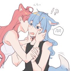 !? 2girls animal_ears black_tank_top blue_eyes blue_hair blush camisole commentary dog_ears dog_girl dog_tail ear_blush hand_on_another&#039;s_face highres holding_another&#039;s_wrist hololive hoshimachi_suisei kemonomimi_mode licking licking_another&#039;s_cheek licking_another&#039;s_face long_hair multiple_girls open_mouth pink_hair sakgi sakura_miko simple_background symbol-only_commentary tail tail_wagging tank_top upper_body virtual_youtuber white_background white_camisole yuri