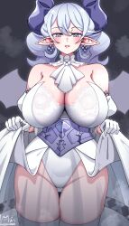 Rule 34 | 1girl, absurdres, bare shoulders, blush, breasts, breath, cleavage, clothes lift, cowboy shot, demon girl, demon horns, demon wings, dress, dress lift, drill hair, duel monster, earrings, grey background, grey eyes, grey hair, highres, horns, huge breasts, jewelry, lovely labrynth of the silver castle, majinmallow, pointy ears, simple background, solo, strapless, strapless dress, transparent wings, twin drills, white dress, white wings, wings, yu-gi-oh!