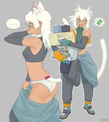 ... 19vodnik 1girl absurdres adjusting_hair animal_ear_fluff animal_ears apron armored_vehicle artist_name ass asymmetrical_gloves averting_eyes baggy_pants bare_shoulders black_apron black_jacket black_pants black_sleeves black_sports_bra black_tank_top blue_eyes blue_gloves blue_jacket blush bow bow_panties box breasts cardboard_box carrying cat_ears cat_girl cat_tail clothes_around_waist clothing_cutout collarbone commentary compression_sleeve covering_own_mouth cropped_jacket dark-skinned_female dark_skin detached_sleeves employee_uniform english_commentary fang from_side full_body glasses gloves grey_background hair_between_eyes halterneck highres id_card jacket jacket_around_waist lanyard long_hair midriff military_vehicle mismatched_gloves motor_vehicle multiple_views neco-arc nervous_sweating object_in_pocket orange_gloves orange_jacket original panties pants panzerjager_i pink_bow pocket self-propelled_artillery shoes sidelocks simple_background sleeveless sleeveless_jacket small_breasts solo spoken_ellipsis spoken_emoji spoken_sweatdrop sports_bra sweat sweatdrop tail tail_through_clothes tank_top two-sided_fabric two-sided_jacket underwear undressing waist_apron white_hair white_panties white_tail