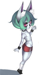 1girl animal_ears arm_at_side bare_shoulders black_eyeshadow black_nails black_shoes colored_skin eyelashes eyeshadow female_focus fingernails from_above from_side full_body glowing glowing_eyes green_hair grey_skin grin hand_up league_of_legends loli makeup midriff moobytes nail_polish parted_lips red_eyes red_shorts shoes short_hair shorts simple_background smile socks solo sports_bra standing teeth vex_(league_of_legends) white_background white_socks white_sports_bra yordle