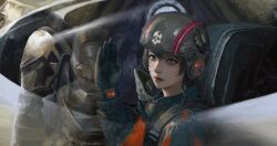 1girl 1other absurdres aqua_eyes armor black_hair cockpit commentary eagle_1_(helldivers) english_commentary flight_suit g-suit gloves helldiver_(helldivers) helldivers_(series) helmet highres oxygen_mask pilot pilot_suit reflection salute science_fiction short_hair skull tally xianggang_jizhe