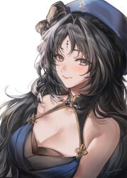1girl bare_shoulders beret black_bow black_collar black_eyes blue_hat bow breasts cleavage closed_mouth collar commentary english_commentary hair_intakes hat hat_bow highres large_breasts looking_at_viewer mole mole_under_eye parted_bangs signature smile solo tacet_mark_(wuthering_waves) upper_body wuthering_waves yangyang_(wuthering_waves) yuli_(yulipo)