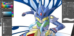 1girl armor armored_gloves armored_leotard breasts butterfly_wings crossover digimon digimon_(creature) female_focus fur_collar gloves helmet hudiemon insect_wings leotard looking_at_viewer medium_breasts mega_man_(series) mega_man_x_(series) ph6xeivbgpimggg running running_towards_viewer skirt solo solo_focus tinted_eyewear wings yellow-tinted_eyewear