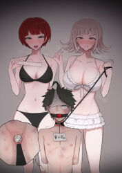 1boy 2girls :o ahoge bikini black_bikini black_hair blush breasts brown_hair chastity_cage danganronpa_(series) danganronpa_2:_goodbye_despair flat_chastity_cage flipped_hair frilled_bikini frills giga_(g1g_4) grin highres hinata_hajime humiliation koizumi_mahiru large_breasts medium_hair mole mole_on_breast multiple_girls nanami_chiaki no_hair_ornament object_on_head panties panties_on_head red_hair short_hair small_chastity_cage small_penis_humiliation smile swimsuit teeth testicles underwear white_bikini