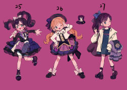 3girls absurdres beret black_hair blonde_hair bloomers blush bow bowtie dress frilled_dress frills full_body green_eyes hair_bow hair_ornament hairpin hat hat_bow highres holding holding_microphone jacket long_hair long_sleeves looking_to_the_side low_twintails microphone multiple_girls one_eye_closed open_hand open_mouth original pink_background pink_bow pink_bowtie ponytail putong_xiao_gou shoes simple_background socks twintails underwear white_bloomers white_bow white_jacket white_socks